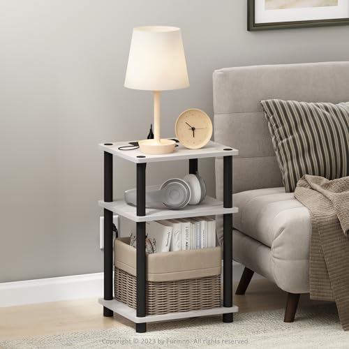 Image of Furinno Just 3-Tier Turn-N-Tube USB and Type-C Charging Port End Table with Open Storage, 11.42 (W) x 8.82 (H) x 6.77 (D) inches, Marble White /Black