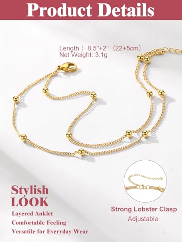 Image of FOCALOOK 14K Gold Plated Anklets for Women Waterproof Plus Size Ankle Bracelet 8.5-10.5 Inch Adjustable Mariner /Figaro /Flat Snake /Cuban Link Chain Anklet Jewelry for Summer Beach Holiday