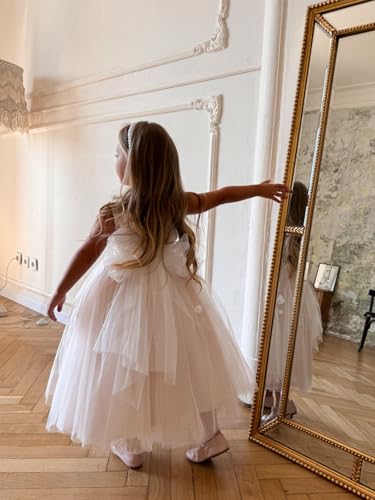 Lace Applique Flower Girl Dress for Wedding Tulle Bow Knot V-Back Ball Gowns Sleeveless Princess Birthday Long Dress2