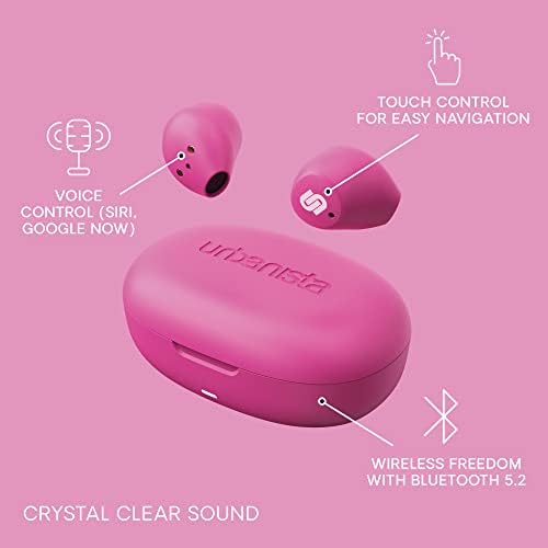 Urbanista Lisbon Wireless Earbuds, Bluetooth 5.2 Enhanced Small Headphones, Touch Controls, 27 Hr Playtime, USB C Fast Charging Case, IPX Sweatproof Headphones for Running, Sports, Blush Pink