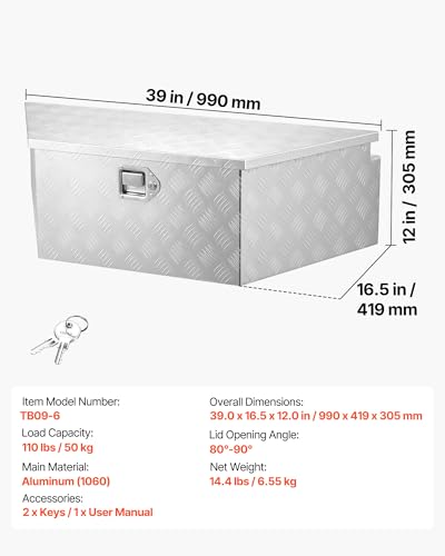Image of VEVOR Trailer Tongue Box, Heavy Duty Trailer Tongue Tool Box Storage Organizer with Lock & Keys, Utility Tool Chest for Pickup Truck Bed, RV, SUV, Off-Road Vehicle, Aluminum, 39 inch x 16.5 inch x 12 inch, Silver