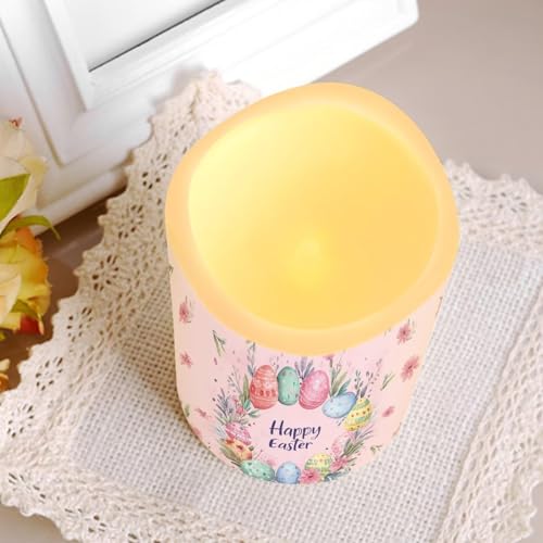 Image of Easter Egg and Floral Plastic Flameless Candles with Remote Control and Timer LED Flickering Battery Electric Pillar Candles for Table Easter Decoration