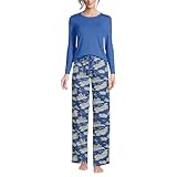 Lands' End Womens Pajama Gift Set - Knit LS Top and Flannel Pants Cobalt Blue Holiday Penguins Petite Medium