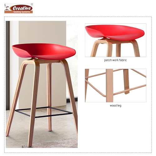 Image of Creative Red Bar Stool Chair | Plastic Seat | Wooden Finish Metal Legs | Powder Coated Metal Footrest | Modern High Stool for Kitchen, Cafe, Bar & Home Use | Qty 1