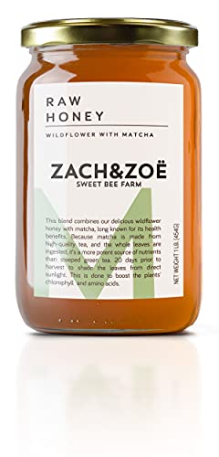 Unfiltered Raw Honey by Zach & Zoe Sweet Bee Farm â Pure Farm Raised Honey Packed with Powerful Anti-oxidants, Amino Acids, Enzymes, and Vitamins! (Matcha 44oz)