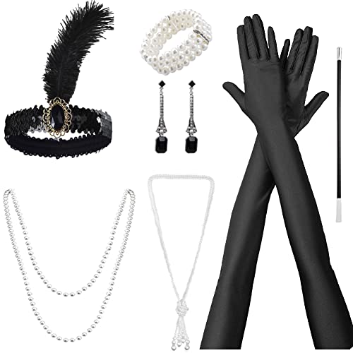 CEWROM 1920s Kostüm Damen Flapper Accessoires Set, 20er Jahre Accessoires Dame mit Stirnband Halskette Handschuhe Ohrringe Gatsby Handheld-Requisiten Set, Fashion Halloween Roaring 20's Theme Set Cover