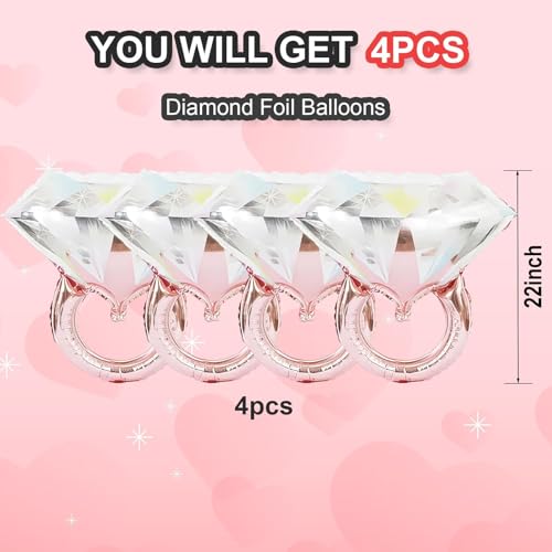 Image of Rose Gold Diamond Ring Balloons 4 Pcs,Foil Engagement Ring Balloons
