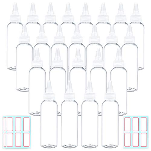 Trendbox 4oz Clear Plastic Bottles Applicator with Twist Top Cap BPA-Free For Hair Oils and Liquids 24 Pack with 24pcs Labels