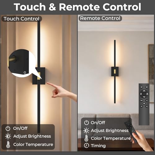 Image of Battery Operated Wall Sconce Set of 2, 10000mAh 4CCT Dimmable, Black | Remote & Touch Control, 4CCT Dimmable, 360 Rotate, Rechargeable Wall Lights for Bedroom Living Room Hallway 31.5inch