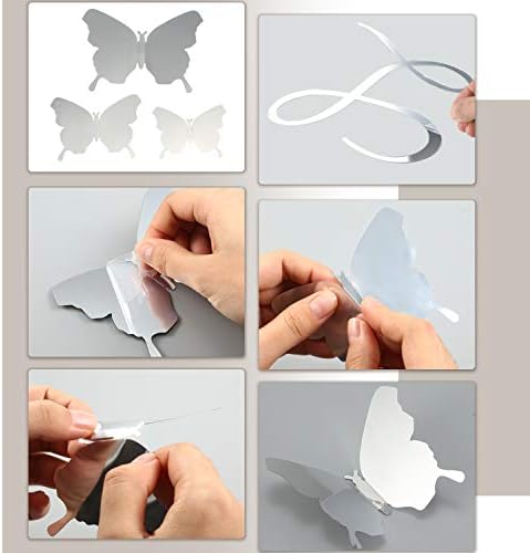 DIY Mirror The Kitchen Wall Stickers with 12 Pieces 3D Butterfly Removable Mural Stickers for Kitchen Dining Room Wall Decal (Silver)