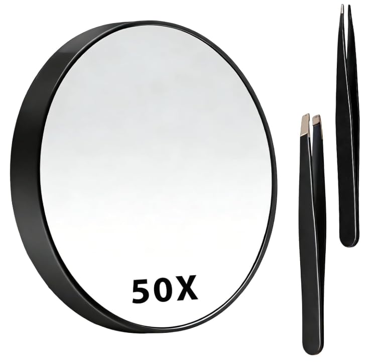 GASGYAI Juego de espejos de maquillaje con aumento de 50 aumentos con ventosas y pinzas inclinadas, espejo de viaje compacto para depilación de cejas de precisión, cuidado de la piel y eliminación de