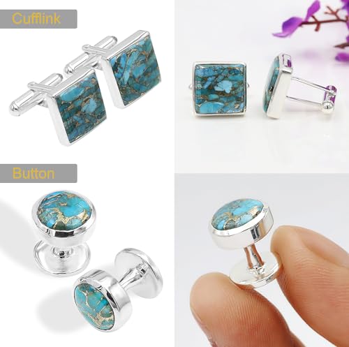 Spiny Oyster And Blue Copper Turquoise Cufflinks and 5 Shirt Studs Set – Handmade 925 Sterling Silver for Men – Luxury Gift for Weddings, Christmas, Birthdays2