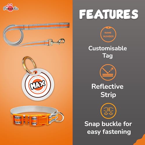 Image of Pawsindia Nylon Leash and Collar with Name Tag for Dogs, Reflective Orange 0.75 Inche Width Adjustable Collar and 4 Feet Heavy Duty Leash with Customize Nametag