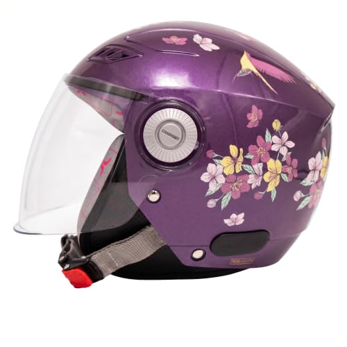 Image of TVARRA Blossom ISI Certified Women's Open Face Helmet Designer Helmet, Lightweight and Rainproof, Crafted for Women, Extreme Comfort Fit with Clear Visor (Violet Orchid, M /L: (56-57) cm)