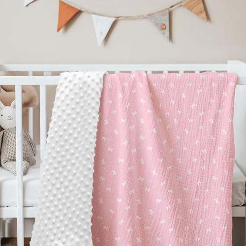 Image of SANDJEST Bow Minky Muslin & Dotted Blanket 30x40 in Gift for Holiday, Gender Reveal Party, Hospital Visit, Baptism (Pink)