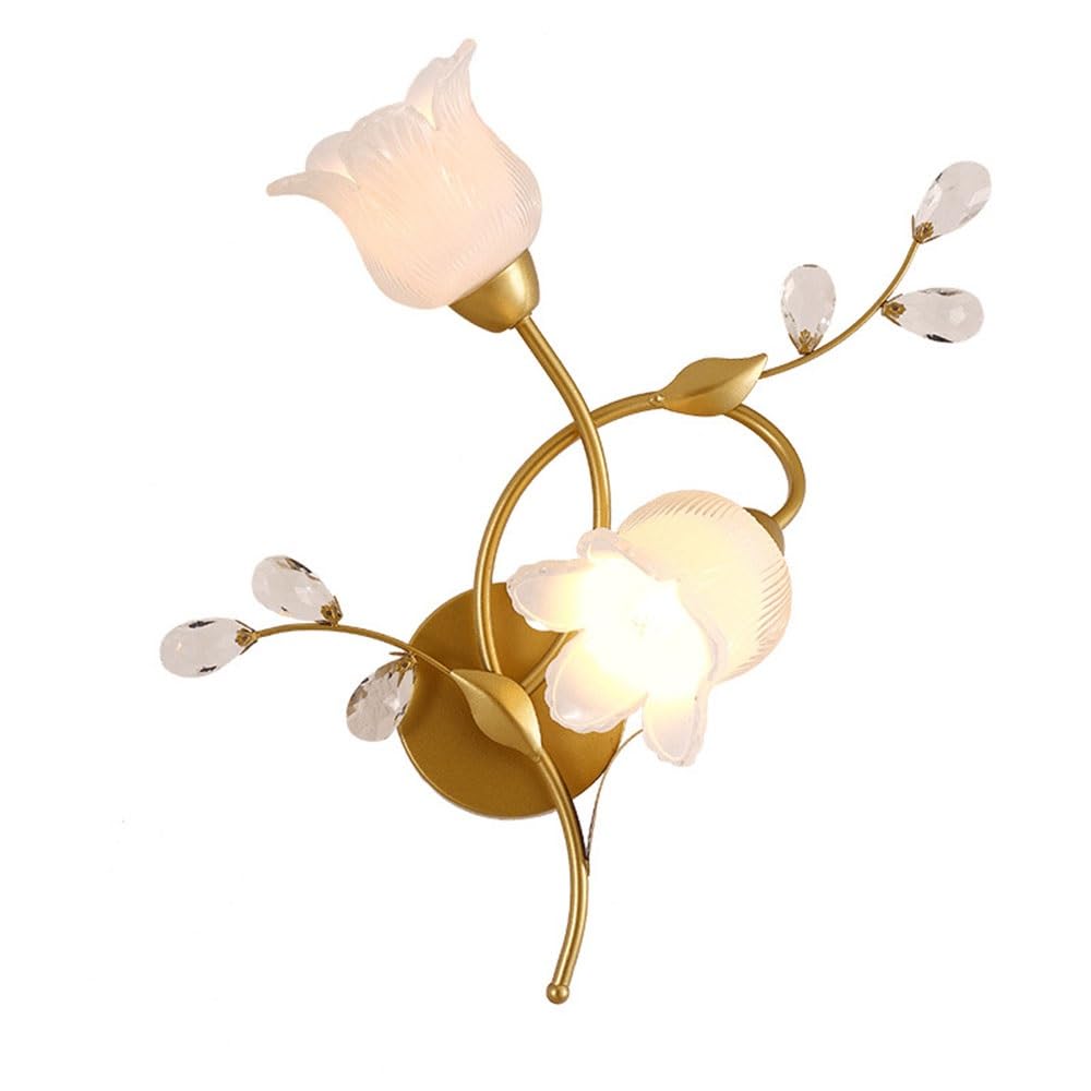 FEITENGDA Vintage Floral Shaped Gold Finish Wall Sconce French Frosted Flower Glass Shade Wall Lamp Modern 2 Light Crystal Accents Wall Light for Bedroom Living Room Hallway(Left)
