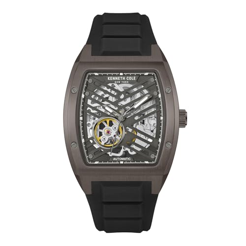 Kenneth Cole New York Montre Homme Automatique Cadran Squelette Boitier Courbe Style Contemporain, Chocolat - Bracelet en silicone noir, Cadran squelette