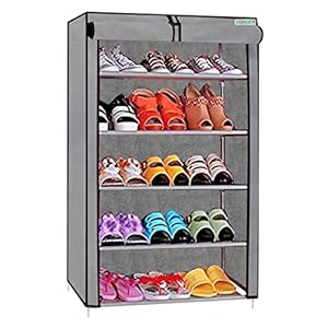 FLIPZON Multipurpose 5 Shelves Shoe Rack with Zip Door Cover & Side Pockets, Multiuse Storage Rack for Footwear, Toys, Clothes with Dustproof Cover (5 Shelves, Grey, Plastic)