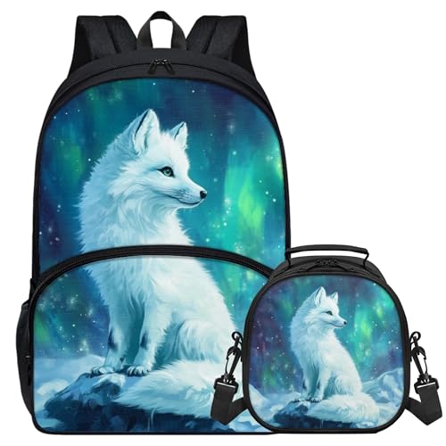 Pinupub Cute White Fox Backpack And Lunch Box Set for Girls Funny Graphic 17 Inch Sturdy Student Bookbag with Insulated Lunch Bag Kids Soft Zipper School Backpacks - Main Image