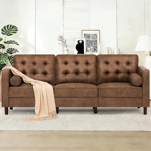 Image of 84 inch Suede Leather Modern Sofa with Bolster Pillows, Upholstered 3 Seats Sofa with Well-Filled Backrest, Comfy Tufted Couch with Sturdy Legs for Living Room, Office, Bedroom, Brown