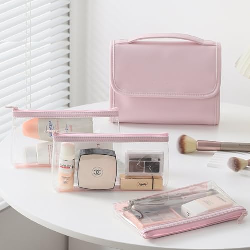 Travel Cosmetic Bag for Women, Foldable Toiletry Bag with 3 Removable Pockets, Small Waterproof Makeup Organizer Bag for Brushes, Cosmetics, Accessories, Toiletries, Pink2
