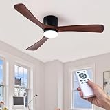 HUMHOLD 52' Flush Mount Ceiling Fan with Lights Remote Control, 3 Blades Wood Ceiling Fans, Quiet Reversible DC Motor, 6-Speed, Timer, Modern Ceilingfans for Low Profile, Walnut and Matte Black