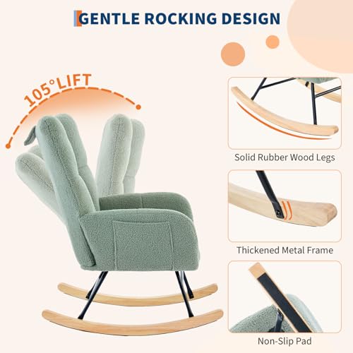 Image of Teddy Upholstered Rocking Chair for Nursery, Fluffy Glider Rocker for Adults - Ideal for Small Spaces, Perfect Nursing Chair for Living Room, Bedroom, Green