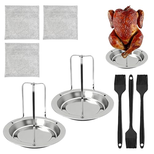 2 Stück Hähnchenbräter Edelstahl hänchenhalterung backofen Herausnehmbare Hähnchen Grill mit 3 STK Ölpinsel und 3 Reinigungstüchern für Camping Broiler BBQ