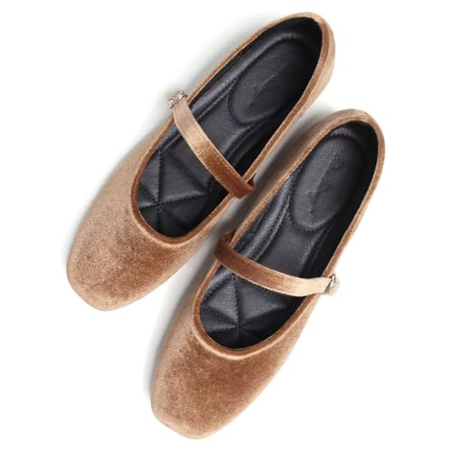 Stunner Velvet Flats for Women Women's Mary Jane Shoes Retro Square Toe Ballet Flats Comfortable Buckle Strap Flat Shoes Brown 38(7) 2