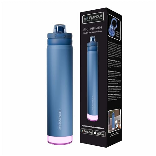 Image of Aquaminder Rio Prime+ Smart Water Bottle, 700 ml with Beep & Glow Reminder Double Wall Stainless Steel, Hot & Cold Retention, 15-Day Battery (Rio Prime+ Blue)