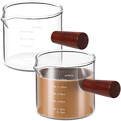 Zubebe 2 Pack 150 Ml/ 5 Oz Double Spouts Espresso Shot Glasses With Wood Handle Measuring Triple Pitcher Milk Cup Clear Espresso Measuring Cup Glass For Barista Coffee Measure #TOP28