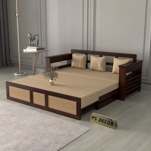 Image of PS DECOR Solid Sheesham Wood 3 Seater Sofa Cums Bed with Cane Panel | Wooden Sofa Bed with Cushioned Seating & Backrest