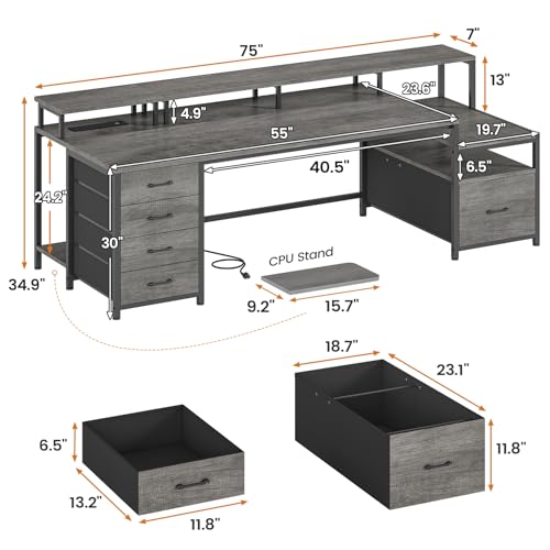 Image of SEDETA 75'' Computer Desk with 5 Drawer, Power Outlet & Led Lights, Home Office Desk with File Drawer, Storage Shelves, Printer Cabinet and Monitor Shelf, 23.6 inch W Large Desktop Gaming Desk, Grey