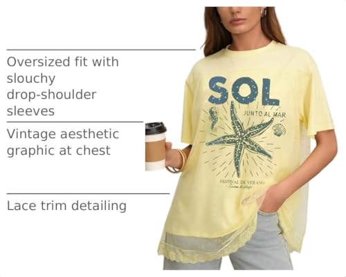 CSDAJIO Trendy Crew Neck Oversized T Shirts for Women Short Sleeve Loose Graphic Tee Summer Lace Top Starfish Yellow X-Large by CSDAJIO - Used condition - US$16.31