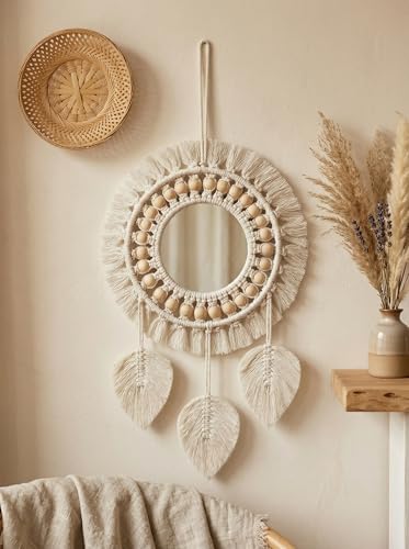 Image of JH Gallery Macrame Wall Decor Mirror - Round Cotton Rope Boho Hanging with Fringe & Beads for Stylish Home Decor, Macrame Wall Mirror for Bedroom, Living Room and Office Decor.(White)