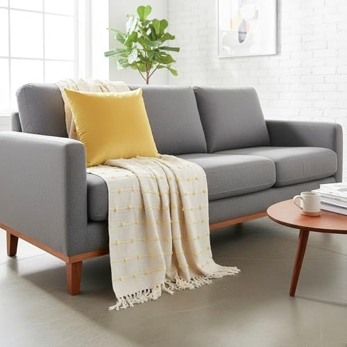 Image of SAJAVAT HOME Soft Cotton 3 Seater Sofa Throw with Cushion Covers | 80x52 Inches / 204x132 Cm | Beige Yellow Throw & Velvet Yellow Cushion 18''x18'' for Sofa, Bed, Chair & Travel | Pack of 1