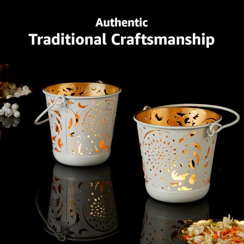 Image of Amazon Brand - Solimo Tea Light Votive - Round Shape with Handle, White Powder-Coated Iron with Gold Interior, Set of 2 (Size: L-11 cm x W-11 cm x H-10 cm)