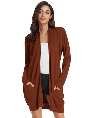 Image of GRACE KARIN Women Loose Knitted Cardigan Open Front Elegant Midi Cardigans Sweater with Pockets Brown M