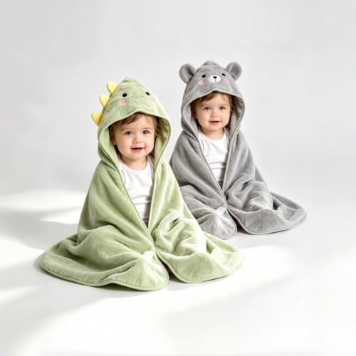 Image of Baby Hooded Towels,31 x 31 in Baby Washcloths, Infant Super Soft Baby Bath Towels with Hood for Toddlers1-3 (Green Dinosaur + Gray Bear)