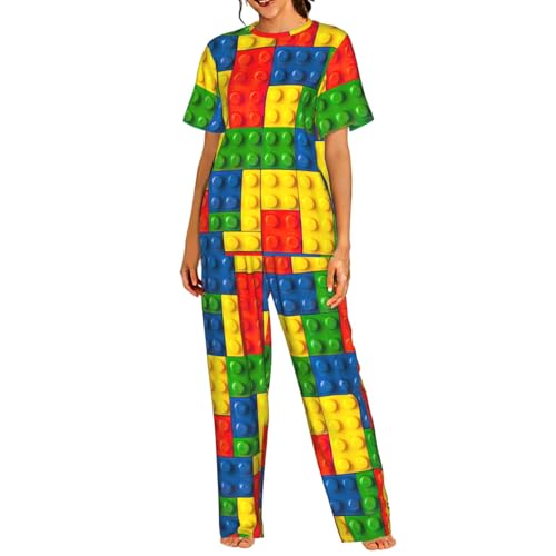 Pyjama court femme imprimé brique en maille fluide et finitions soignées