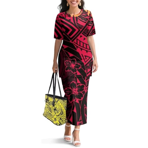Image of Puletasi Samoan Traditional 2 Piece Outfits for Women Short Sleeve Crop Top and Maxi Skirt Sets Puletasi Dress