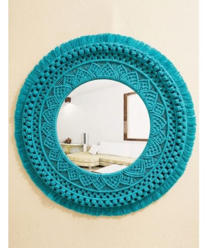 Image of Handmade Cotton Macrame Wall Hanging Glass Mirror with Boho Fringes, Bohemian Art Decorative Aina for Make-Up, Living Room, Bedroom (Teal Blue)