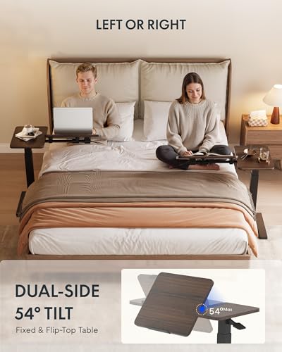 Image of FLEXISPOT Adjustable Height C-Shaped End Table with Split Tilting Top - Mobile Side Table for Sofa & Bedside, Slides Under Furniture, Hidden Wheels for Small Spaces(31.6 inch W x 15.7 inch D,Dark Walnut)