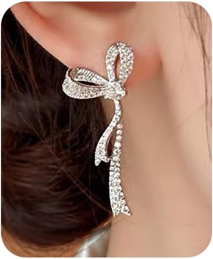 FliuSaux Bow Earrings for Women Silver Rhinestone Earrings Ribbon Drop Earring Trendy Small Bow Earrings Cute Sparkly Jewelry Daily Party Gifts Prom Dress Accessories