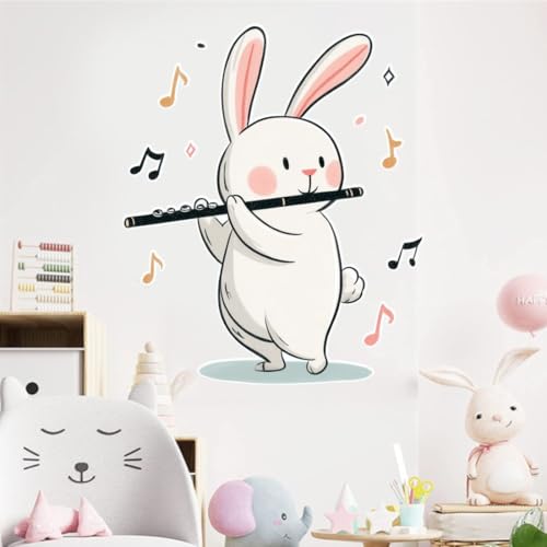 Image of Cute Bunny Playing Flute Wall Sticker | Cartoon Rabbit Self Adhesive Wall Decal for Kids Room, Nursery, Bedroom & Playroom Decoration