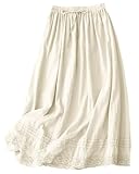 SANGTREE Women's Lace Cotton Linen Skirt Drawstring Waist A Line Beach Flowy Long Skirts, Beige, X-Large