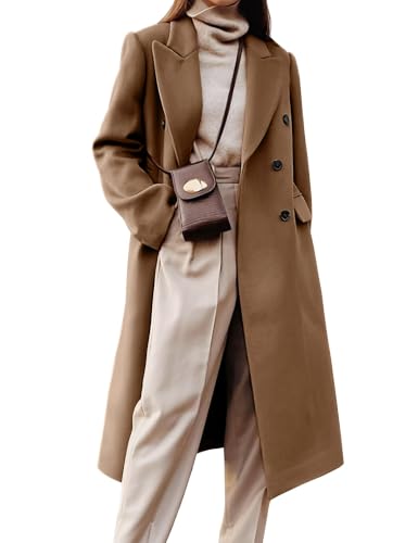 Image of IDEALSANXUN Long Wool Coats for Women 2026 Fall Winter Double Breasted Trench Coats Tweed Blazer Dressy Jackets, Dark Khaki, M