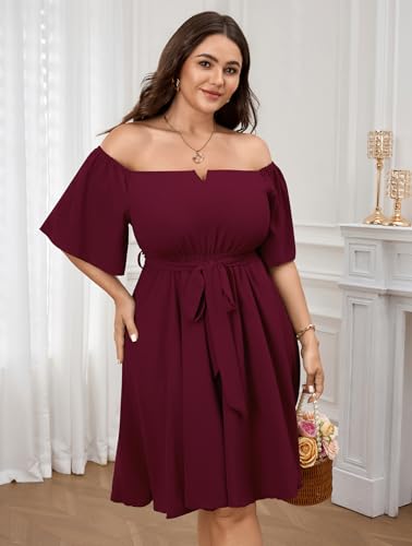 Image of SCOMCHIC Womens Plus Size Cocktail Dress Summer Off Shoulder Short Sleeve Flowy Ruffle A-Line Cute Mini Dress with Belt