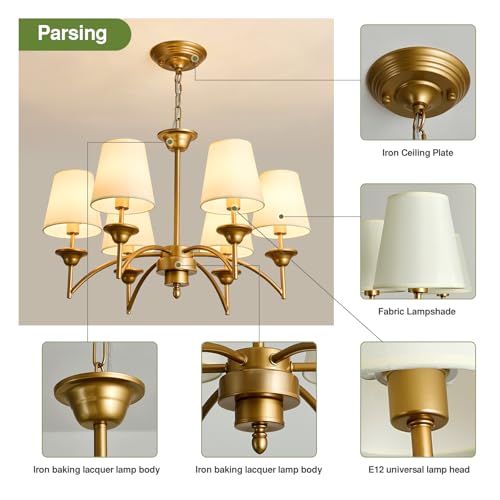 Image of 6 Light Chandelier with White Linen Fabric Shades Modern Gold Pendant Ceiling Light Fixture Dining Room Hanging Light for Hallway Kitchen Bedroom Entryway Foyer.