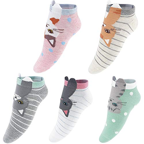 Gomerbesen 5 Pairs Cute Womens Socks Low Cut Cotton Novelty Ankle Socks Striped Cat Cover